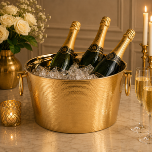 Seau à champagne contemporain en laiton martelé, refroidisseur de vin et de glace surdimensionné fait main, rafraîchisseur de bar haut de gamme pour fêtes - Product Image 1