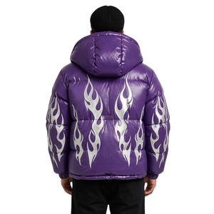 Chaqueta Acolchada para Hombre, Color Morado Metálico, con Llamas, Mangas Largas, Resistente al Viento, Poliéster, Bolsillos con Cremallera, Capucha, Suave y Cómoda - Product Image 2