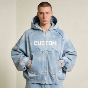 Sweat-shirts à capuche surdimensionnés pour hommes, style streetwear décontracté, bleu clair tie-dye, effet usé et déchiré, fermeture éclair intégrale, impression personnalisée, vente en gros usine - Product Image 1