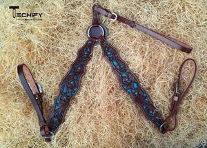 Conjunto de cabezada y pechopetral de cuero personalizados para caballo, estilo inglés, con diseño floral turquesa repujado, para carreras de barriles - Product Image 4