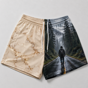 Shorts imprimés écologiques pour hommes, logo frontal, motif marbré et forestier, tissu en toile à séchage rapide, taille à cordon de serrage, style décontracté - Product Image 1