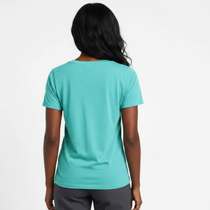 T-shirt basique uni pour femme à col en V avec poche, manches courtes, en mélange de coton, tissu doux, poche poitrine, personnalisable OEM, vente en gros, direct usine - Product Image 2