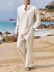 Ensemble d'été décontracté pour homme : chemise respirante et pantalon uni, idéal pour les voyages et la plage - Product Image 5