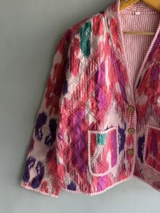 <b>Quilted</b> Jacket Women's Short Sleeve V Neck Geometric Print Pink Purple Cotton Lining Polyester <b>Wadding</b> Spring Style gift <b>for</b> her - Product Image 2