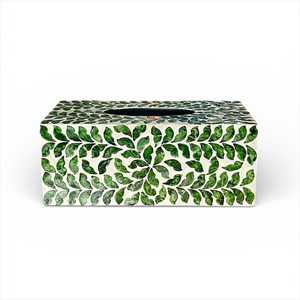Caja de pañuelos moderna con incrustaciones de hueso y nácar, diseño de hojas verdes, hecha a mano, decoración elegante para el hogar y la oficina, ideal para regalo. - Product Image 1