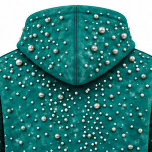 Sudadera con Capucha Unisex Oversize de Color Verde Azulado con Cuentas de Perlas, Estilo Casual Urbano, con Bolsillo Canguro, Ropa de Moda Personalizada - Product Image 4