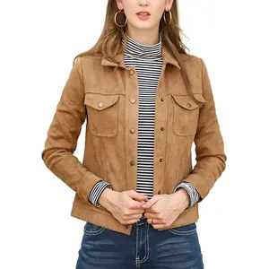 Куртка женская замшевая с отложным воротником, с карманами на застежке и кнопками, кожаный пиджак на заказ, с двумя нагрудными накладными карманами
