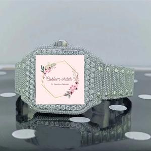 Reloj Mecánico Cuadrado de Acero Inoxidable Estilo Hip Hop, Personalizado, de Alta Gama, Lujoso, Completamente Cubierto con Cristales de Moissanita VVS y Zafiro para Hombre - Product Image 1