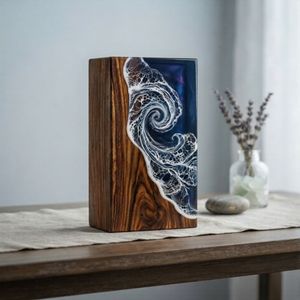 Ocean Wave Resin Wooden Urn Handmade Cremation Keepsake <b>Memorial</b> <b>Box</b> Home Display - Product Image 2