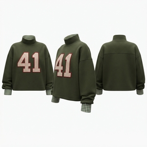 Sudadera Verde de Cuello Alto con Bordado del Número 41 y Puños a Cuadros, Suéter Casual de Manga Larga para Mujer, Otoño - Product Image 1