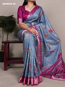 Fournisseur indien de collections de saris et de chemisiers en soie Tussar de qualité export, pour occasions spéciales, avec bordure en viscose et motifs imprimés. - Product Image 5