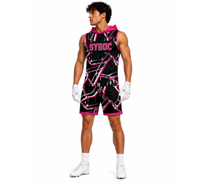 Ensemble de sport personnalisé pour hommes 7 sur 7 : Maillot à capuche sublimé, débardeur et short – Noir et rose – Tenue de match de football américain - Product Image 2