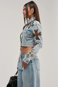 Women's <b>Denim</b> <b>Jacket</b> Set With Embroidered Patches <b>Cropped</b> Top And Wide Leg Jeans Casual Spring Summer Outfit - Product Image 2