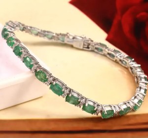 Natural Emerald Oval Cut Tennis Bracelet in Sterling <b>Silver</b> Gold Plated Luxury May Birthstone Wedding Jewelry for Women - Product Image 3