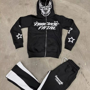 Forever Fatal Orange Hooded Tracksuit <b>Set</b> Full Zipper Sweatshirt and Pants with Skull Print and Stars for Kids Streetwear Style - Product Image 5