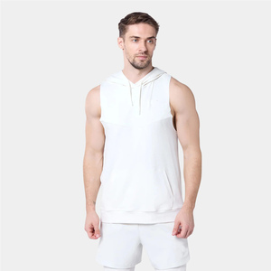 <b>Men</b> <b>Sleeveless</b> Hooded Knitted Tank Top Solid White Regular Fit Casual Summer Gym Wear - Product Image 3