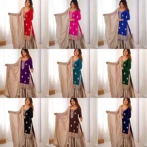Heavy Embroidered Chinon Silk Quick Dry Indian Pakistani Set <b>Women</b> <b>Kurta</b> Sharara Dupatta Ethnic Wear Wedding Party Outfit - Product Image 5