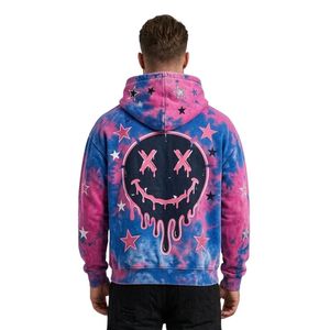 Sudaderas con Capucha Personalizadas Dreamer Tie Dye de Algodón y Felpa, con Gráfico de Estrellas Azules y Rosas, Lavado Vintage, Corte Holgado, Estilo Urbano - Product Image 2