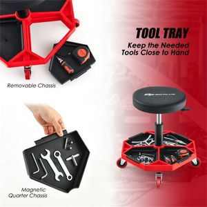 Sgabello Regolabile in Altezza con Ruote, Rosso, Resistente, con Vassoio Portautensili, Capacità 150 kg, per Riparazioni Auto - Product Image 6