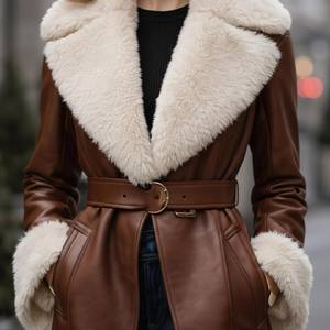 Abrigo Largo de Piel de Oveja Genuina para Mujer, con Cuello de Piel, Ropa de Invierno Ecológica, Resistente al Viento, Moderna y Casual - Product Image 3