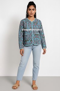 Veste courte matelassée réversible bleue à motifs floraux, faite à la main, 100 % coton respirant et écologique, collection hiver 2026, best-seller - Product Image 5