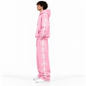 Conjunto Deportivo de 2 Piezas para Hombre, Color Rosa, Sudadera con Capucha y Pantalones Deportivos Holgados con Estampado de Estrellas, Estilo Urbano - Product Image 4