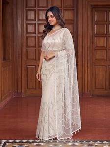 Indian Modern Style <b>Net</b> Material Saree with Bidds Handwork Embroidered Saree for Festival and Wedding Wear Collections for Women - Product Image 3