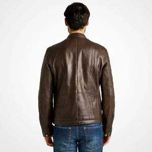 เสื้อแจ็คเก็ตหนังสีน้ำตาลทรงเข้ารูปสำหรับผู้ชาย - Product Image 2