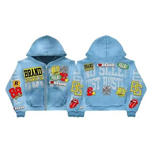 Sweat à capuche vintage en coton délavé style hip-hop avec patch brodé personnalisé, fermeture éclair, en molleton bouclette, pour homme et femme, idéal pour le sport - Product Image 3
