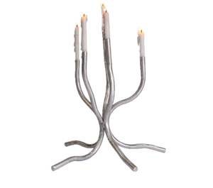 Candélabre en aluminium fait main à 5 bras en forme de branche d'arbre, porte-bougie conique argenté, centre de table de Noël écologique pour la maison - Product Image 4