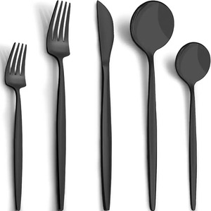 Ensemble de 40 couverts en métal noir avec couteaux à steak, fourchettes et cuillères pour dîner, couverts décoratifs classiques pour la cuisine - Product Image 4