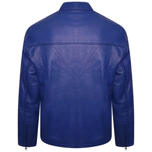 Veste de moto en cuir bleu sur mesure pour homme, doublure en polyester, rayures blanches et rouges, col mandarin, fermeture éclair, coupe ajustée - Product Image 2
