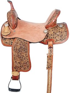 Silla de montar de cuero occidental ecológica con grabados florales - Silla de montar vaquera tallada a mano con estribos - Product Image 1