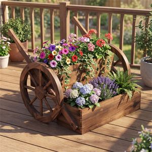 Jardinière à deux niveaux avec trous de drainage en bois de sapin carbonisé et chariot utilitaire à échelle pour balcon et jardin - Product Image 2