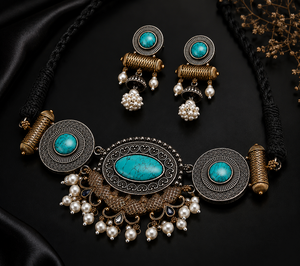 Parure de bijoux choker bicolore en laiton plaqué or antique, style bohème, avec cristaux et strass, pour fêtes, fiançailles et mariages, pour amoureux, pièce maîtresse - Product Image 4