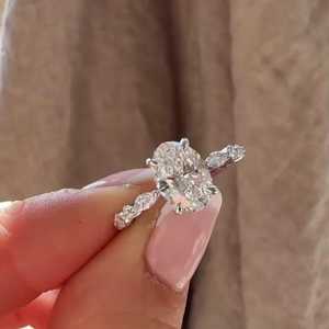 Oval Lab Grown Diamond Engagement Ring 1.5Ct 10k Solid Gold Marquise Side <b>Cluster</b> Pave Band Solitaire Anniversary IGI Certified - Product Image 1