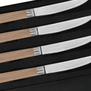 Ensemble de 4 couteaux à steak en acier Damas, lames tranchantes avec manches en bois Pakkawood blond, boîte cadeau pour couper le bœuf et la viande au dîner - Product Image 6