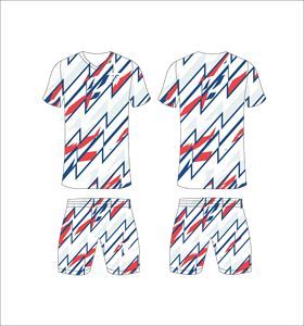 Custom sublimated soccer uniform set for men with white dark blue and red zig zag pattern print jersey and matching <b>shorts</b> - Product Image 1
