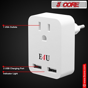 5 Core European Travel <b>Plug</b> <b>Adapter</b> w 2 <b>USB</b> Ports Universal Adopter for International Power Outlet - Product Image 6