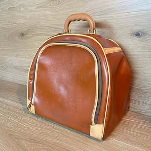 Vintage <b>Bowling</b>-Shaped Genuine Leather Handbag With Stripe Panel Design Zip Closure Two Handles Unisex Daily Use - Product Image 5