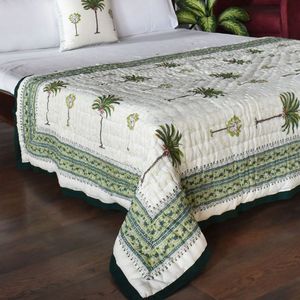 Couette en coton imprimée à la main, taille double, motif palmier, style bohème, réversible, bordure verte, prix de gros - Product Image 4