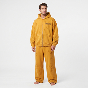 Conjunto Deportivo para Hombre, Sudadera con Capucha y Pantalones Jogger, Estilo Desgastado, Felpa de Algodón, Cierre Completo, Hombros Caídos, Corte Holgado, Logotipo Personalizado - Product Image 1