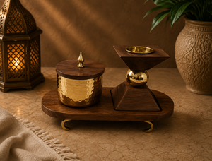 Ensemble de brûleur à bakhoor de luxe en laiton et bois de manguier avec plateau, pot de rangement pour oud martelé et dôme ajouré Mabkhara pour la décoration intérieure arabe - Product Image 6