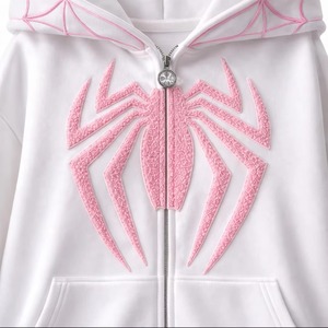 Sudadera con Capucha Blanca con Estampado de Araña Rosa, Logotipo Bordado, Impresión Digital, Ecológica, Casual, Unisex, Invierno, Impermeable - Product Image 6