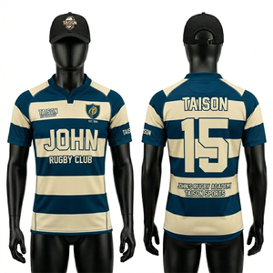 เสื้อรักบี้ผู้ชายพรีเมียม 180 GSM โพลีเอสเตอร์ สีเขียวอมฟ้า ลายทางเรขาคณิต ระบายอากาศได้ดี พร้อมสกรีนโลโก้ตามสั่ง ทรงพอดีตัว - Product Image 2