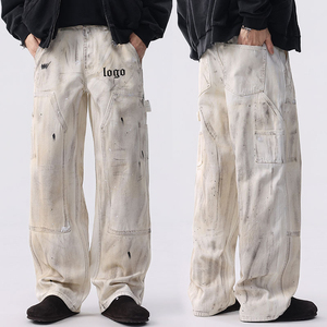 Pantalones Cargo de Estilo Urbano para Hombre, de Mezclilla Lavada y Desgastada, Corte Holgado con Logotipo Estampado, Cintura Media, Estilo Otoñal - Product Image 4