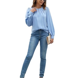 Blusa de gasa de doble capa de estilo coreano para mujer, cuello redondo, manga larga, elegante, informal, camisas de trabajo de negocios, Tops teñidos lisos - Product Image 5