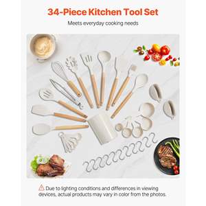 Juego de 34 utensilios de cocina de silicona blanca con mango de madera, resistentes al calor hasta 428 Fahrenheit, espátulas, cucharas y soporte. - Product Image 4