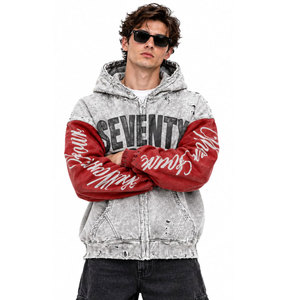Sudadera con capucha para hombre Seventy Four, con cremallera, estilo oversize, streetwear, gris con mangas rojas, estampado de letras, de felpa francesa lavada - Product Image 4