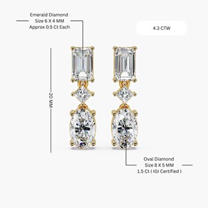 Boucles d'oreilles clous de luxe en or massif 14 carats avec diamant de laboratoire taille émeraude 3,2 carats, serti 6 pierres à griffes, certifié IGI, pour mariée et mariage - Product Image 6